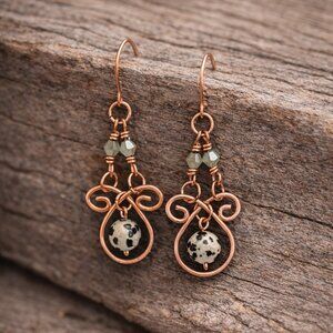 Gorgeous copper chandelier earrings with dalmatian jasper accent!
